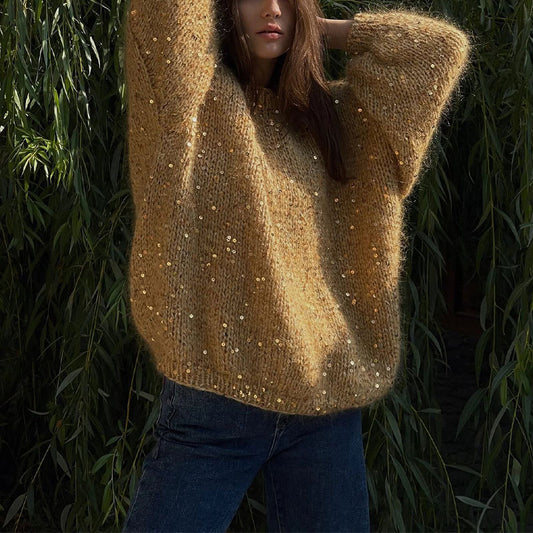 Fashionable Sequined Sweater – Loose Round Neck with Lantern Sleeves, Trendy Knitted Sweater for Stylish Comfort